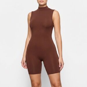Naked Wardrobe Mock Neck Sleeveless Biker Romper Brown XL